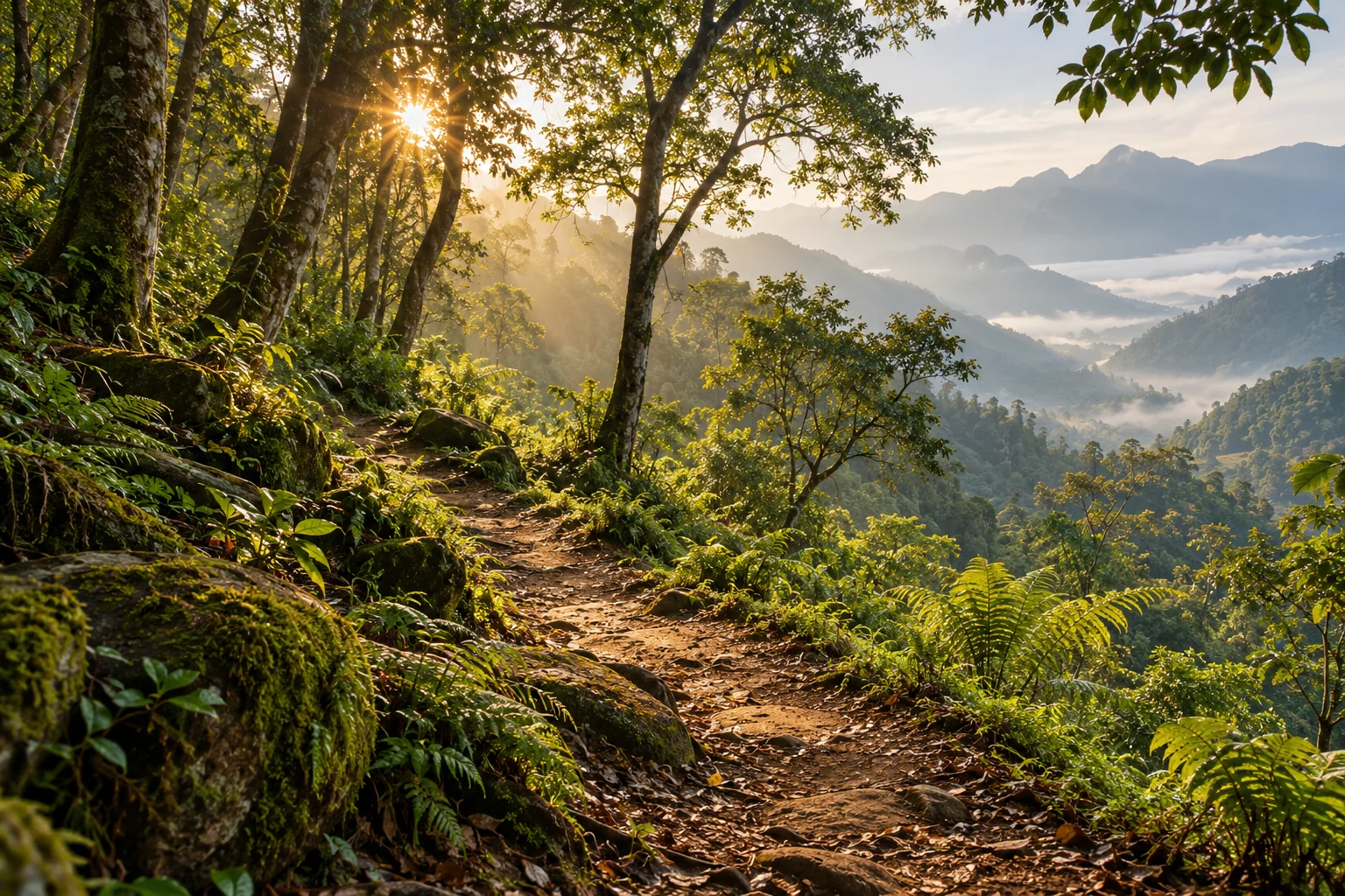 Morning sunlight falling on a peaceful forest path